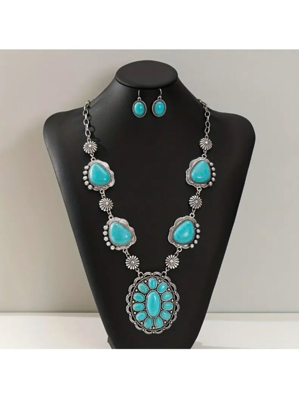 Imitation Turquoise Necklace Earrings Set Silver Tone - Picture 2 of 3